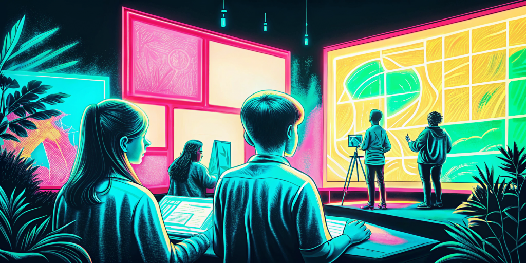 Das Bild zeigt eine moderne Lernumgebung, in der Schüler und Schülerinnen gemeinsam an kreativen Projekten arbeiten. Im Vordergrund steht eine Schülerin, die an einem interaktiven Bildschirm Inhalte bearbeitet, während ein Mitschüler daneben steht und zuschaut. Im Hintergrund sind weitere Lernende zu sehen, die an Staffeleien malen oder an einer großen digitalen Leinwand arbeiten, auf der farbenfrohe Muster und Formen dargestellt sind. Die Szene ist in leuchtenden Neonfarben gehalten, mit Akzenten in Türkis, Pink und Gelb, die eine futuristische Atmosphäre schaffen. Pflanzen im Vordergrund verleihen der Umgebung einen natürlichen Akzent und symbolisieren Nachhaltigkeit. Das Bild vermittelt ein kollaboratives, kreatives und technologiegestütztes Lernen, das die Erstellung von Lernprodukten in den Mittelpunkt stellt.