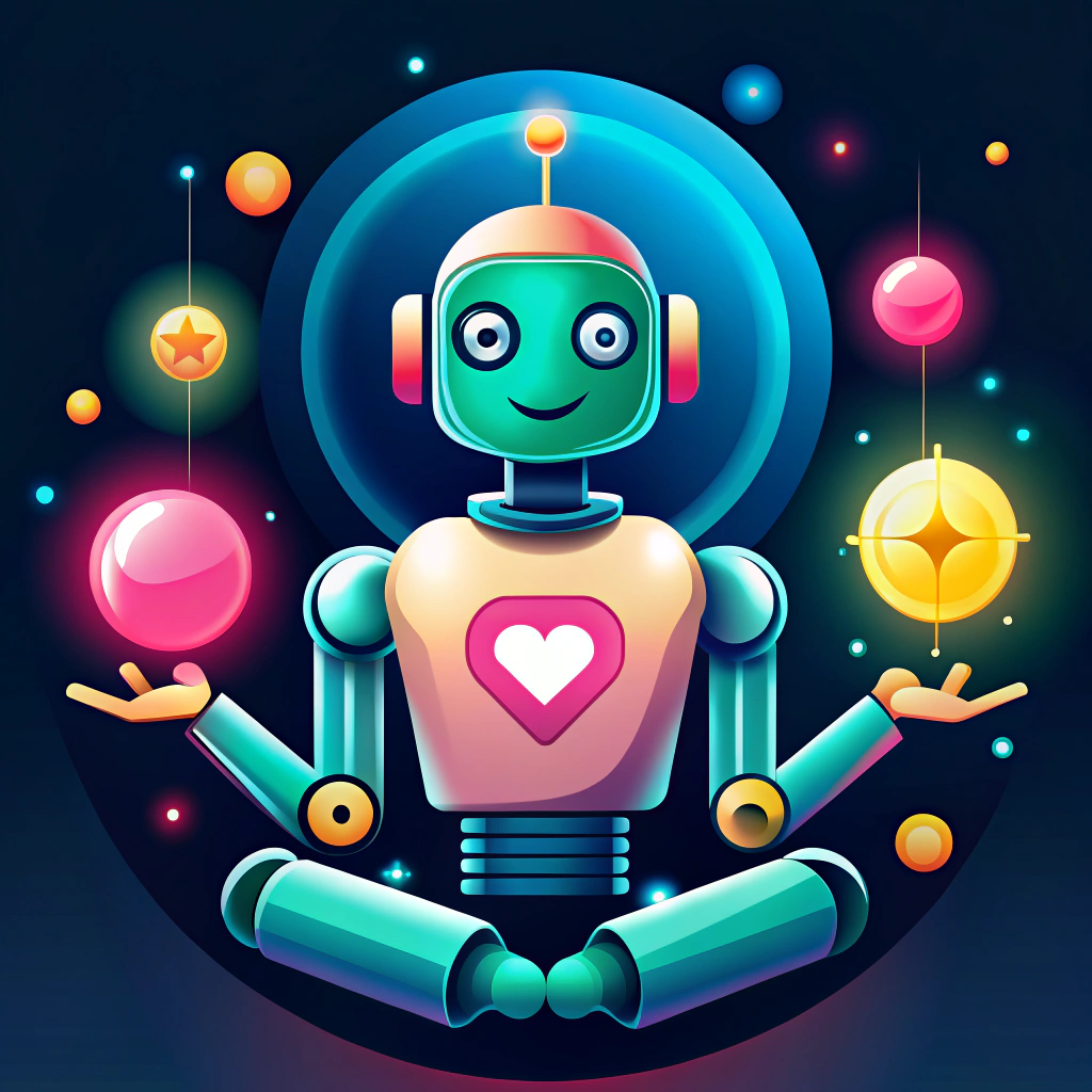 Illustration eines stilisierten, freundlich wirkenden Roboters mit geschlossenem Mund und geschlossenen Augen in einer meditativen Sitzhaltung, beide Arme seitlich ausgestreckt. Der Roboter hat eine runde Antenne auf dem Kopf und sitzt aufrecht mit gekreuzten Beinen. Die Figur ist hellblau mit dunkleren Konturen gezeichnet. Rund um den Roboter schweben zahlreiche kleine Symbole im Flatdesign-Stil: darunter Sprechblasen, Diagramme, Uhrensymbole, Dokumente, Herz- und Like-Symbole, Pflanzen, Lupen und weitere Icons aus der digitalen Welt. Der Hintergrund ist hellbeige, die Symbolik vermittelt Ruhe, Struktur, Kommunikation und digitale Organisation – passend zum Thema KI, Achtsamkeit und digitale Assistenz.