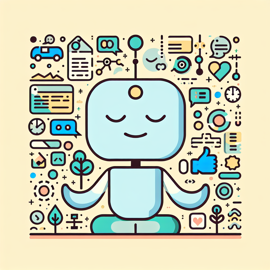 Illustration eines stilisierten, freundlich wirkenden Roboters mit geschlossenem Mund und geschlossenen Augen in einer meditativen Sitzhaltung, beide Arme seitlich ausgestreckt. Der Roboter hat eine runde Antenne auf dem Kopf und sitzt aufrecht mit gekreuzten Beinen. Die Figur ist hellblau mit dunkleren Konturen gezeichnet. Rund um den Roboter schweben zahlreiche kleine Symbole im Flatdesign-Stil: darunter Sprechblasen, Diagramme, Uhrensymbole, Dokumente, Herz- und Like-Symbole, Pflanzen, Lupen und weitere Icons aus der digitalen Welt. Der Hintergrund ist hellbeige, die Symbolik vermittelt Ruhe, Struktur, Kommunikation und digitale Organisation – passend zum Thema KI, Achtsamkeit und digitale Assistenz.