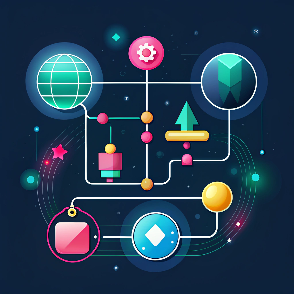 Illustration einer farbenfrohen Benutzeroberfläche mit dem Titel „Choice Explorer“ am oberen Rand. Darunter sind fünf horizontale Auswahlleisten dargestellt, die jeweils unterschiedliche Farben, Symbole und Fortschrittsanzeigen aufweisen. Die oberen drei Leisten sind in kräftigem Rot- und Pinkton gehalten, die unteren beiden in hellem Pastellrosa. Jede Leiste beginnt links mit einem runden Symbol: zwei Haken in gelbem Kreis, ein Stern mit Punkt, zwei grüne Haken. Rechts befindet sich jeweils ein Pfeil-Button zur Bestätigung oder Navigation. Verbunden sind die Leisten mit kleinen quadratischen Knotenpunkten an der rechten Seite. Im Hintergrund verlaufen bunte Linien horizontal und verbinden sich mit den Knoten, was auf einen modularen, datenbasierten Aufbau hindeutet. Das Design ist stark stilisiert, digital-futuristisch und erinnert an grafische Benutzeroberflächen von interaktiven Lernmodulen oder Gamification-Tools.