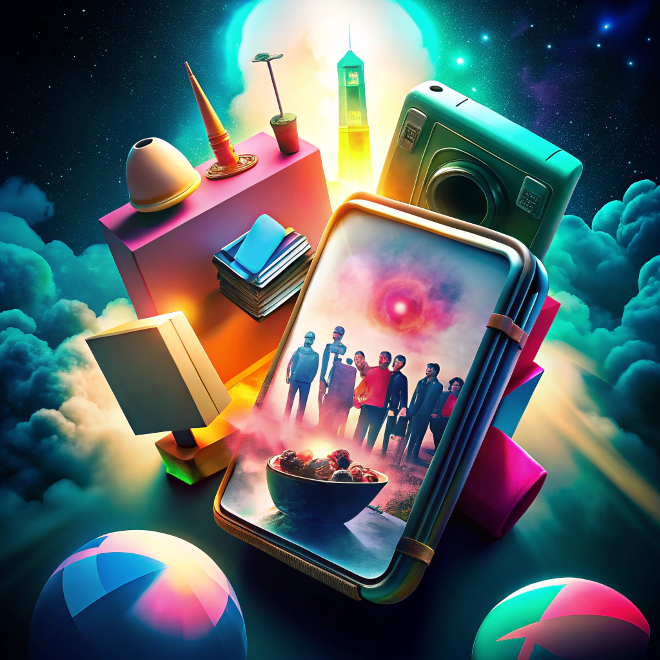 Eine fantasievolle Szene zeigt ein überdimensionales Smartphone, auf dem eine Gruppe von Menschen vor einem dramatischen Himmel zu sehen ist. Das Handy liegt zwischen weiteren bunten Objekten wie Würfeln, Kugeln und einem Fotoapparat, alles in leuchtenden Farben. Die Darstellung wirkt futuristisch und symbolisiert eine digitale Erinnerungskultur oder den Übergang zwischen realer und virtueller Welt.