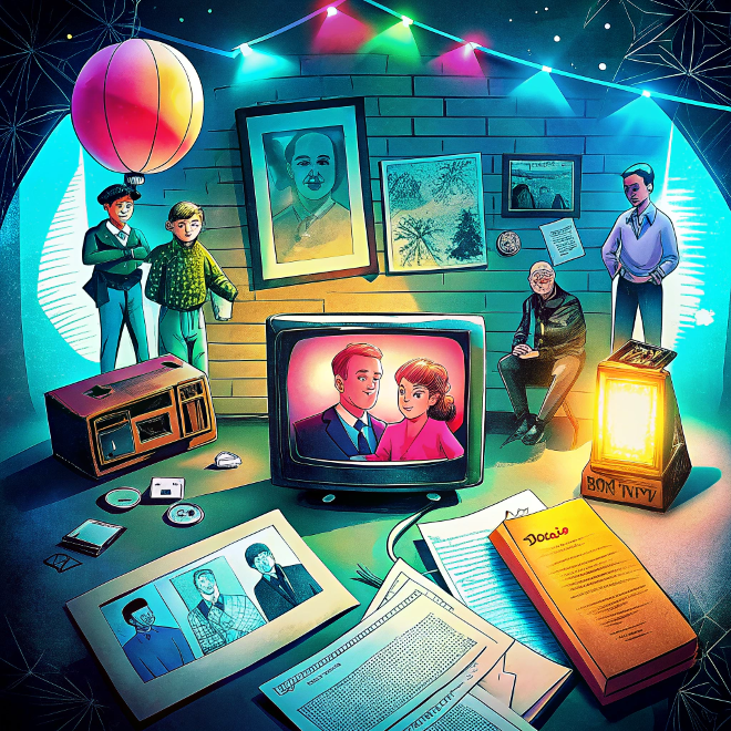 Ein nostalgisch gestalteter Raum zeigt einen alten Fernseher mit einem gezeichneten Paar auf dem Bildschirm, umgeben von Erinnerungsstücken wie Fotos, Dokumenten, Dias, einer Laterne und Dekorationen. Im Hintergrund sitzen und stehen mehrere Menschen unterschiedlichen Alters, als würden sie gemeinsam in vergangene Zeiten blicken. Die Szene wirkt wie ein Archiv familiärer oder historischer Erinnerungen.