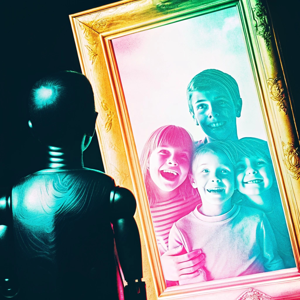 Ein futuristischer Roboter mit kühlem, metallischem Körper steht im Schatten und hält einen kunstvoll verzierten Spiegel. Im Spiegel erscheint jedoch nicht der Roboter, sondern lebendige Szenen menschlichen Lebens: lachende Kinder, Menschen, die sich herzlich umarmen, und ein Musiker, der mit Leidenschaft spielt. Starker Kontrast zwischen der dunklen, sterilen Umgebung des Roboters und dem hell leuchtenden Spiegel voller Wärme und Farben. Symbolbild dafür, dass KI Menschlichkeit zwar spiegeln, aber niemals ersetzen kann.