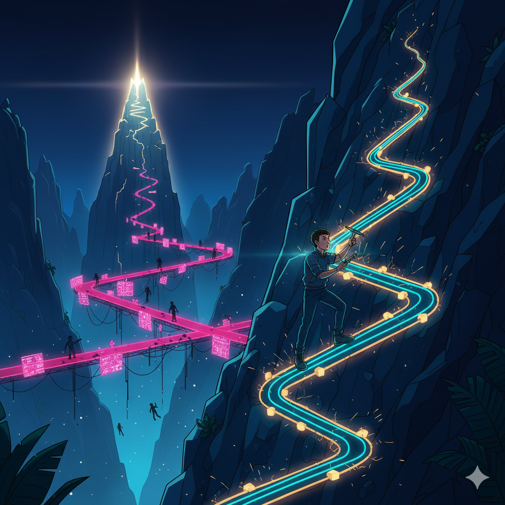 Eine stilisierte Illustration einer nächtlichen Gebirgslandschaft. Im Vordergrund erklimmt ein junger Mann eine steile Felswand entlang eines leuchtenden, gelb-blauen Zickzack-Pfades. Im Hintergrund führt ein pink leuchtender Steg, auf dem kleine Silhouetten wandern, zu einem spitzen Berggipfel, der hell wie ein Stern erstrahlt. Die Szene wirkt wie eine Metapher für unterschiedliche Wege zum Erfolg oder zur Erkenntnis.