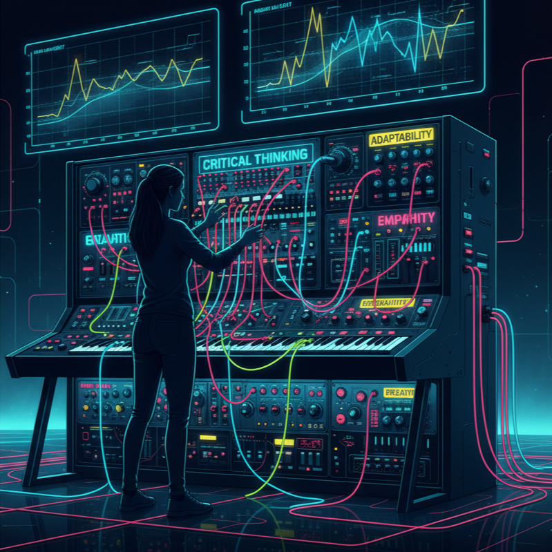 Eine futuristische, digitale Illustration einer Frau von hinten, die an einer riesigen, komplexen Schaltkonsole steht. Die Konsole erinnert an einen modularen Synthesizer mit einem Keyboard und ist mit zahlreichen leuchtenden, bunten Kabeln in Neon-Pink und Türkis durchzogen. Auf Bildschirmen über der Konsole sind Datenkurven zu sehen. Verschiedene leuchtende Labels auf der Maschine zeigen Begriffe wie „CRITICAL THINKING“, „ADAPTABILITY“ und „EMPATHY“. Das gesamte Bild ist in einem dunklen Cyberpunk-Stil mit intensiven Neon-Lichteffekten gehalten.