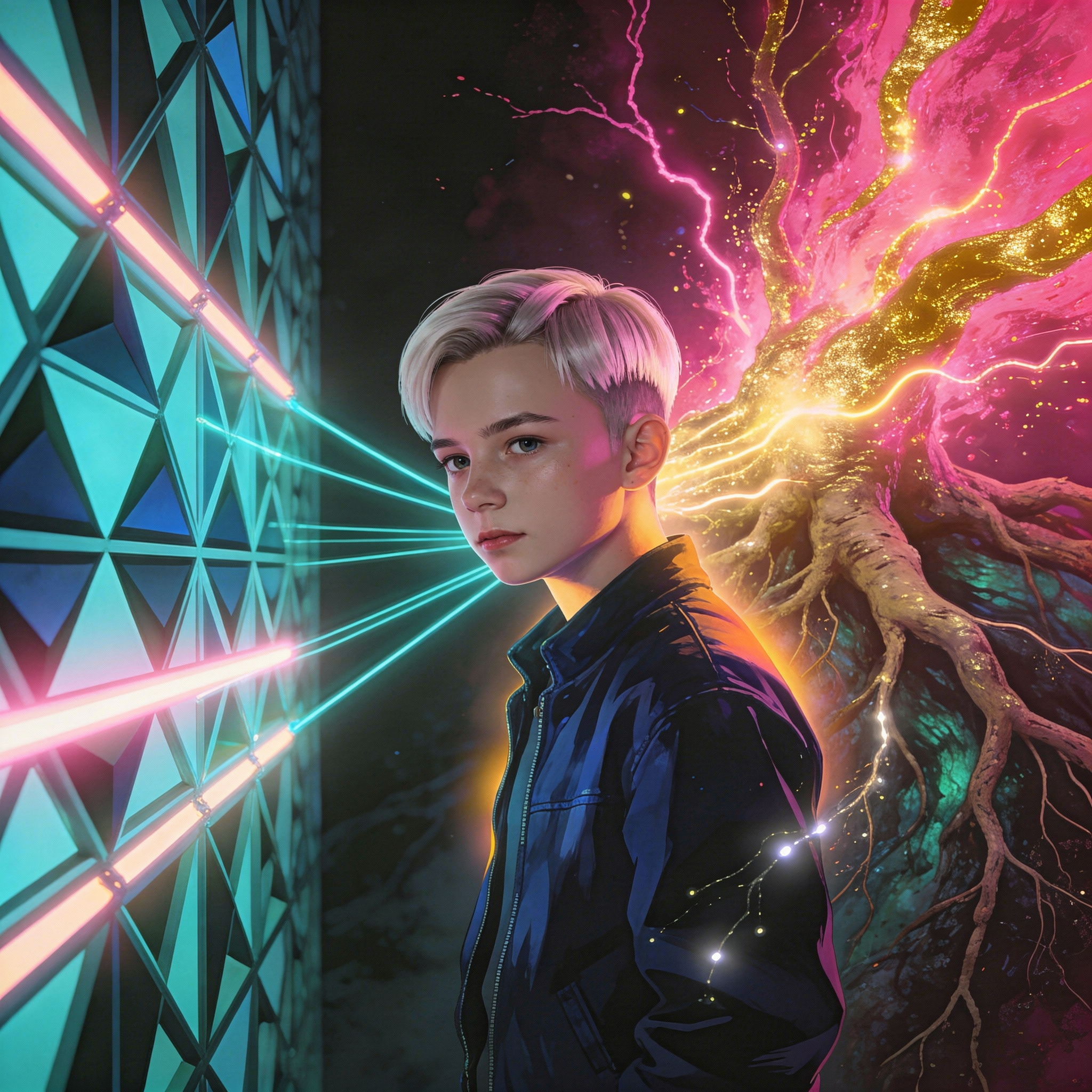 Eine digitale Illustration eines Jugendlichen mit hellblonden Haaren, der im Profil vor einer kontrastreichen Kulisse steht. Links von ihm befindet sich eine kühle, technische Wand aus bläulichen Dreieck-Mustern, aus der horizontale Neonröhren in Pink und Türkis ragen. Rechts hinter ihm bricht eine organische, leuchtende Kraft hervor, die wie ein goldener, wurzelartiger Baum mit pinken Blitzen und funkelndem Nebel wirkt. Der Jugendliche trägt eine dunkle Jacke und blickt neutral in die Kamera, während sein Gesicht von den warmen Goldtönen der rechten Seite beleuchtet wird. Das Bild symbolisiert das Spannungsfeld zwischen technologischer Struktur und individueller Lebenskraft.