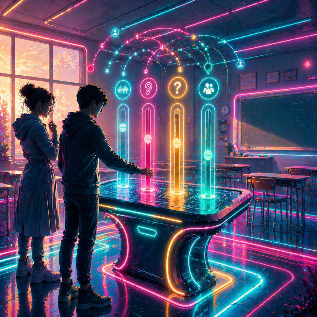 Eine digitale Illustration eines futuristischen Klasszimmers in einer lebhaften Cyberpunk-Ästhetik. Im Zentrum stehen zwei Jugendliche vor einem leuchtenden, technologischen Tisch. Der Junge im Vordergrund interagiert mit einer holografischen Benutzeroberfläche, die aus vier vertikalen, neonfarbenen Schiebereglern besteht. Über den Reglern schweben kreisförmige Icons: eine Wellenform für Sprache, ein Ohr für Zuhören, ein Fragezeichen für Fragen und eine Gruppe von Personen für soziale Interaktion. Das gesamte Zimmer ist von leuchtenden Neonlinien in Pink, Blau und Orange durchzogen, die den Boden und die Wände dekorieren. Im Hintergrund sind herkömmliche Schulmöbel wie Tische und Stühle sowie eine Tafel zu erkennen, die jedoch in das atmosphärische, neonfarbene Licht getaucht sind. Durch ein großes Fenster auf der linken Seite fällt das warme Licht eines Sonnenuntergangs ein, das einen starken Kontrast zu den kühlen Technologiefarben im Raum bildet. Von den Schiebereglern gehen feine, leuchtende Datenpfade aus, die sich bogenförmig im Raum verteilen und kleine Profil-Icons miteinander verbinden, was eine vernetzte Lernumgebung symbolisiert.