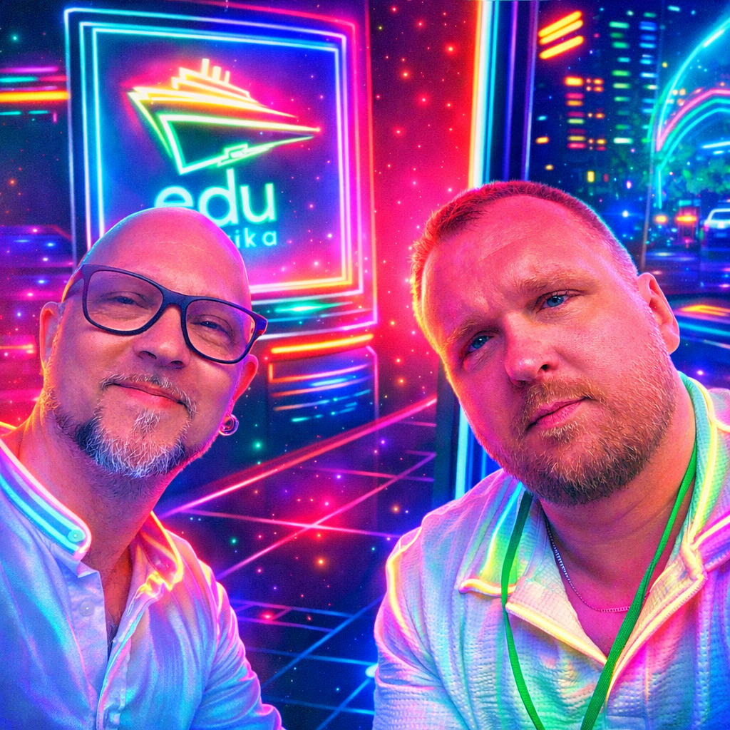 Zwei Männer lächeln in die Kamera vor einer leuchtenden, futuristischen Kulisse im Cyberpunk-Stil. Im Hintergrund erstrahlt ein großes Neon-Schild mit der Aufschrift „edu“ und einem stilisierten Schiff-Logo in lebendigen Blau-, Magenta- und Gelbtönen. Die gesamte Szenerie ist von bunten Lichteffekten, leuchtenden Linien und glitzernden Partikeln durchzogen, die auch auf die Kleidung der Männer reflektieren. Einer der Männer trägt eine Brille und hat einen Bart, der andere hat kurzes blondes Haar und helle Augen.