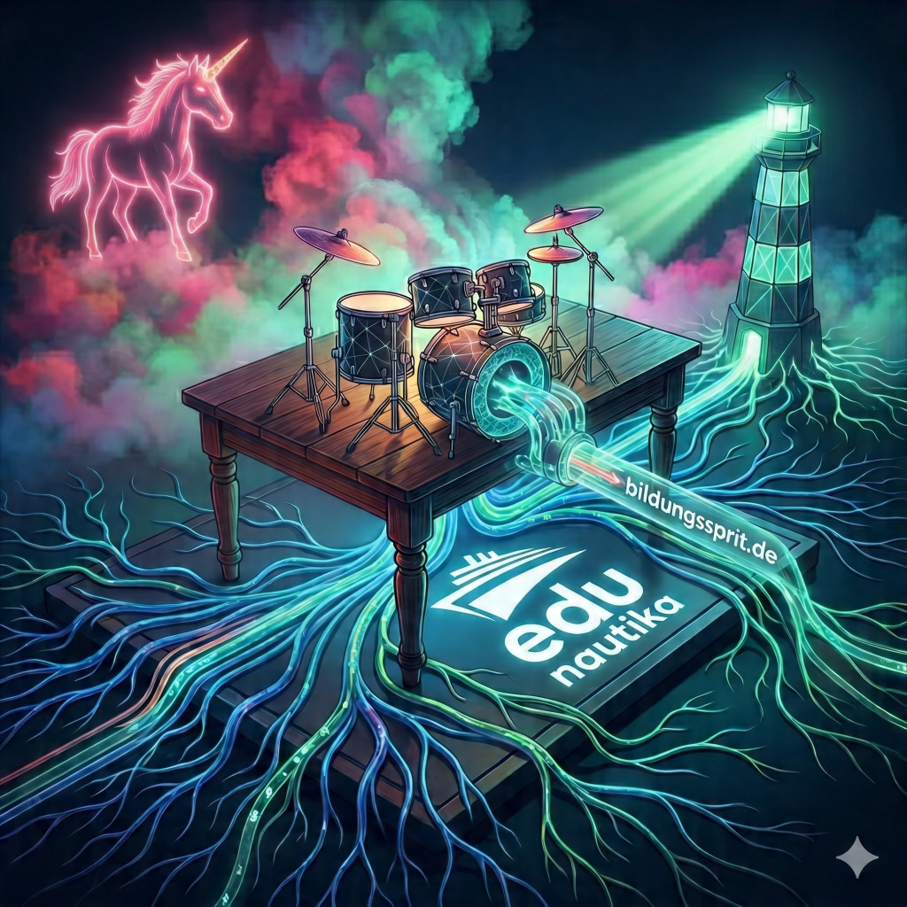 Eine surreale, digitale Illustration zeigt ein Schlagzeug, das auf einem Holztisch mitten in einer dunklen Umgebung steht. Aus der Basstrommel ragt ein leuchtender Glasarm, der auf eine Plattform mit dem Logo „edu nautika“ und dem Schriftzug „bildungssprit.de“ zeigt. Vom Tisch aus breiten sich leuchtende, wurzelartige Glasfaserkabel in Blau- und Grüntönen über den Boden aus, die auch eine Verbindung zu einem fernen Leuchtturm auf der rechten Seite herstellen. Im Hintergrund schwebt links ein leuchtendes, neon-pinkes Einhorn inmitten von buntem, atmosphärischem Nebel.