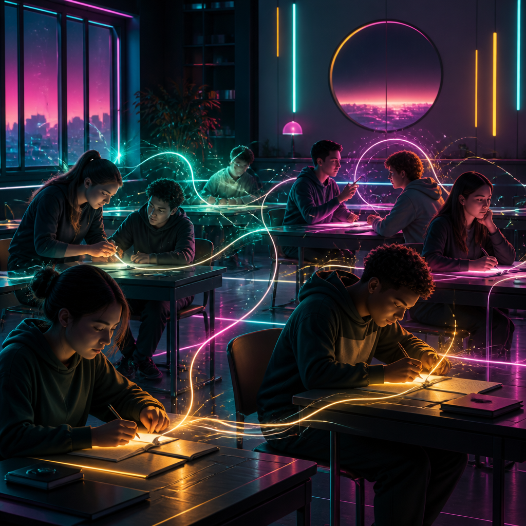 Eine Gruppe von Jugendlichen lernt gemeinsam in einem futuristisch beleuchteten Klassenzimmer. Leuchtende Linien in Neonfarben verbinden die Schülerinnen und Schüler und ihre Schreibtische, während sie konzentriert schreiben und arbeiten. Im Hintergrund sind große Fenster mit einer nächtlichen Stadt und ein runder Wandspiegel zu sehen.