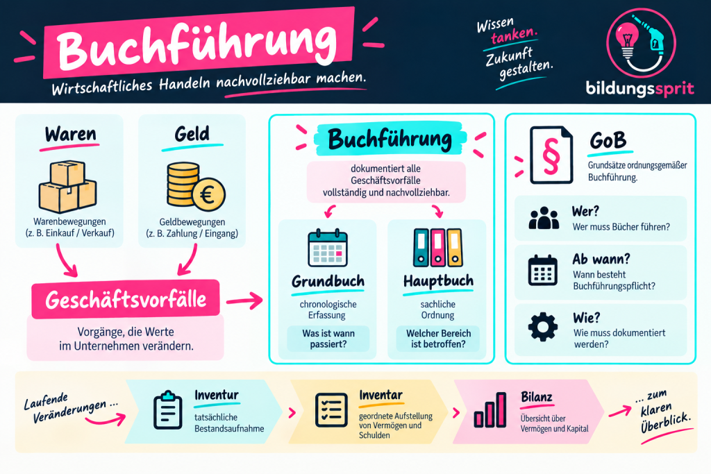 Strukturierte Visualisierung zur Einführung in die Buchführung: Waren- und Geldbewegungen führen zu Geschäftsvorfällen, die in Grund- und Hauptbuch dokumentiert werden; ergänzt um GoB sowie den Übergang von Inventur über Inventar zur Bilanz.