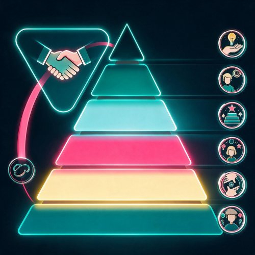 Eine leuchtende, fünfstufige Pyramide mit farbigen Ebenen (dunkelblau, gelb, pink, türkis und ein schwarzes Dreieck oben) vor dunklem Hintergrund. Rechts neben jeder Ebene befindet sich ein rundes Symbol mit einer neonfarbenen Illustration: oben ein Lichtsymbol in einer Hand, gefolgt von einem Kopf mit Zahnrad, einer Stufenpyramide mit Stern, einem Kopf mit Gedanken-Symbolen, einer Hand, die etwas hält, und unten einem Kopf mit Fragezeichen. Links der Pyramide verläuft ein pinkfarbener, halbkreisförmiger Leuchtbogen. Das Bild symbolisiert eine strukturierte Hierarchie oder einen Entwicklungsprozess mit klaren Stufen und assoziierten Konzepten wie Kreativität, Denken, Handeln und Reflexion.