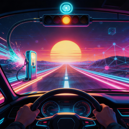 Eine digitale Illustration aus der Ich-Perspektive (Point of View) hinter dem Lenkrad eines futuristischen Autos. Die Hände des Fahrers greifen das Lenkrad, das Armaturenbrett leuchtet in Blau und Pink. Vor dem Wagen erstreckt sich eine endlose Straße, die von leuchtenden Neonlinien gesäumt wird und direkt auf eine riesige, tiefstehende gelbe Sonne am Horizont zuführt. Links am Straßenrand steht eine Zapfsäule mit einer leuchtenden Glühbirne im Inneren, aus deren Schlauch Funken sprühen. Über der Windschutzscheibe hängt eine Ampel, deren mittleres Licht gelb leuchtet, gekrönt von einem schwebenden, blau-leuchtenden Chip-Symbol. Der Himmel ist dunkelviolett und mit geometrischen Lichtgitter-Strukturen und schwebenden Würfeln versehen.