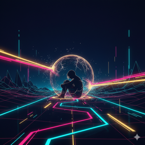 Eine digitale Illustration im Synthwave-Stil, die eine einsame, dunkel schattierte Silhouette einer Person zeigt, die mit angezogenen Knien in einer leuchtenden, gläsernen Kugel sitzt. Die Kugel ist von feinen, hellen Rissen oder Blitzen durchzogen. Sie befindet sich im Zentrum einer dunklen, gitterartigen Landschaft mit neongelben, pinken und türkisfarbenen Lichtlinien, die wie Pfade am Boden verlaufen. Von links schlägt ein kräftiger, gelb-pinker Lichtstrahl direkt gegen die Kugel, während im Hintergrund abstrakte, dunkle Bergspitzen und vertikale Lichtstreifen zu sehen sind.