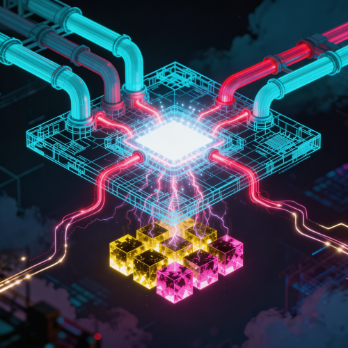 Eine stilisierte, digitale Illustration eines leuchtenden Computerprozessors in einer isometrischen Ansicht. Der zentrale Chip strahlt ein helles weißes Licht aus und ist mit einem filigranen, blau leuchtenden Drahtgittermodell (Wireframe) umgeben. Von oben führen dicke, neonfarbene Rohrleitungen in Türkis und Rot Energie zum Chip. Unterhalb des Prozessors fließen pinkfarbene Blitze in eine Gruppe von neun schwebenden, transparenten Würfeln, die in Gelb und Magenta leuchten. Das gesamte Design ist in einem modernen Cyberpunk-Stil auf einem dunklen Hintergrund gehalten.