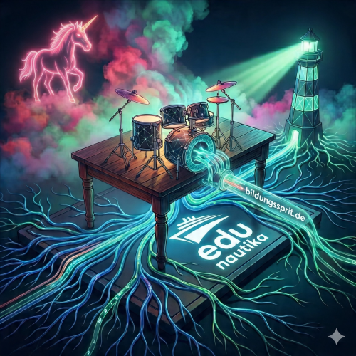 Eine surreale, digitale Illustration zeigt ein Schlagzeug, das auf einem Holztisch mitten in einer dunklen Umgebung steht. Aus der Basstrommel ragt ein leuchtender Glasarm, der auf eine Plattform mit dem Logo „edu nautika“ und dem Schriftzug „bildungssprit.de“ zeigt. Vom Tisch aus breiten sich leuchtende, wurzelartige Glasfaserkabel in Blau- und Grüntönen über den Boden aus, die auch eine Verbindung zu einem fernen Leuchtturm auf der rechten Seite herstellen. Im Hintergrund schwebt links ein leuchtendes, neon-pinkes Einhorn inmitten von buntem, atmosphärischem Nebel.